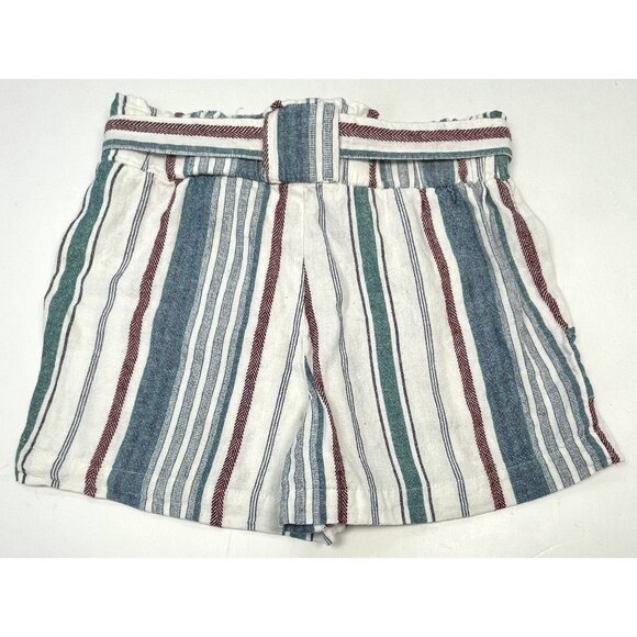 INDIGO REIN Womens MEDIUM Teal/Maroon Stripe Linen Blend 2.5" Paperbag SHORTS - Picture 2 of 7